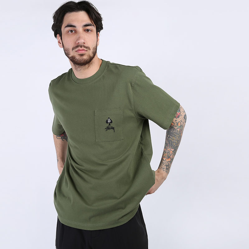 мужская зеленая футболка Stussy Spade Crew 1140182-olive - цена, описание, фото 1